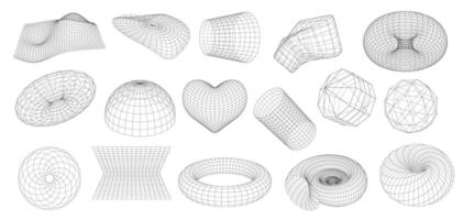 3D wireframe shapes, geometric figures with grid vector