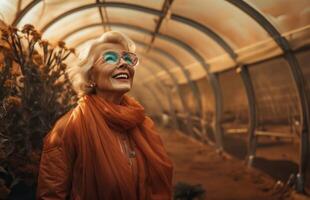 A cheerful elderly woman breathes life into primitive organisms in a green room on Mars, showcasing the joy and vibrancy of extraterrestrial horticulture and the exploration of new photo