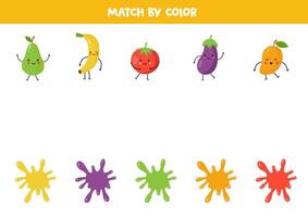 Color matching game for preschool kids. Match colorful fruits and vegetables and blobs of paint by colors. vector