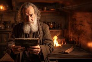 A venerable scientist with a distinguished gray beard delves into the exploration of various physical laws, utilizing a smart tablet to navigate the realms of knowledge and seamlessly photo