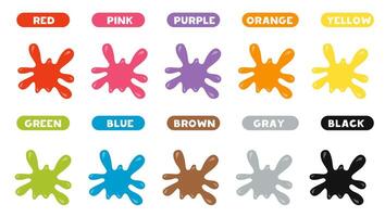 illustration of cartoon paint blobs with names. Worksheet for kids. vector