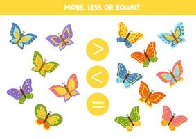 More, less, equal with cute cartoon butterflies. Colorful spring worksheet. vector