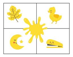 Learning colors for kids. Yellow color flash card. Educational material for children. Set of objects in yellow color. vector