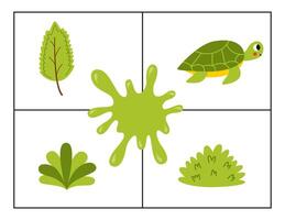Learning colors for kids. Green color flash card. Educational material for children. Set of objects in green color. vector