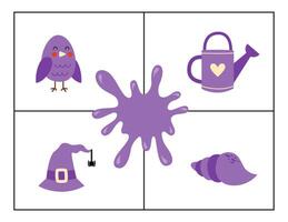 Learning colors for kids. Purple color flash card. Educational material for children. Set of objects in purple color. vector