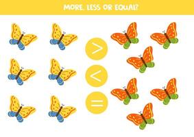 More, less, equal with cute cartoon butterflies. Colorful spring worksheet. vector