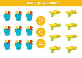 More, less, equal with toy pails and water guns. Math game for kids. vector