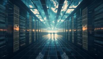 Futuristic server room with a glass roof, blending modern design and advanced technology in a sleek digital space photo