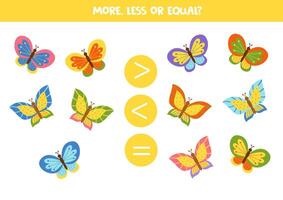 More, less, equal with cute cartoon butterflies. Colorful spring worksheet. vector