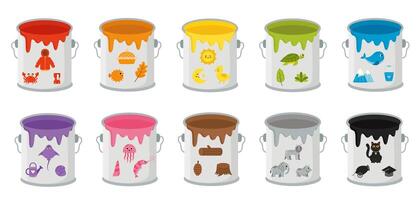 Set of colorful paint cans with basic color objects. vector