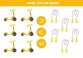 More, less, equal with scooters and jump ropes. vector