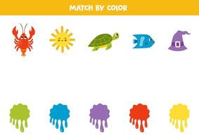 Color matching game for preschool kids. Match colorful items and blobs of paint by colors. vector