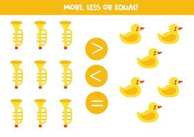 More, less, equal with toy flutes and rubber ducks. Colorful worksheet. vector