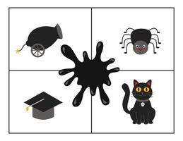 Learning colors for kids. Black color flash card. Educational material for children. Set of objects in black color. vector
