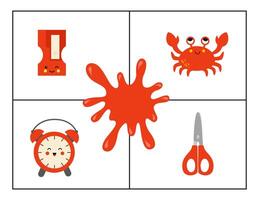 Learning colors for kids. Red color flash card. Educational material for children. Set of objects in red color. vector