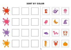 Sort pictures by color. Learning basic colors for children. Game for kids. Cut and glue. vector
