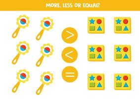 More, less, equal with toy rattles and sorters. Math game for kids. vector