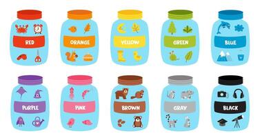 Learning basic colors for preschool kids. Set of color jars with colorful objects. Worksheet for kids. vector