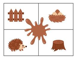 Learning colors for kids. Brown color flash card. Educational material for children. Set of objects in brown color. vector