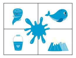 Learning colors for kids. Blue color flash card. Educational material for children. Set of objects in blue color. vector