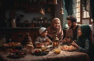 A happy Islamic family gathers in the spirit of Ramadan, joyfully coming together to share the iftar meal, celebrating unity, tradition, and the blessings of the holy month.Generated photo