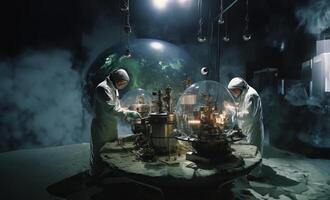 Astronomical team delves into the exploration of Mars, meticulously studying Martian terrain and conducting cosmic research within the confines of their laboratory, symbolizing the photo