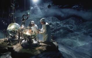 Astronomical team delves into the exploration of Mars, meticulously studying Martian terrain and conducting cosmic research within the confines of their laboratory, symbolizing the photo