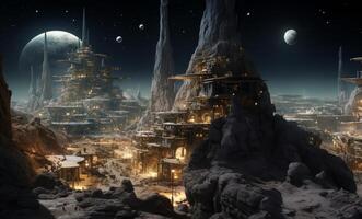 In the vast expanse of space, mysterious alien structures rise from the surface of distant planets, shrouded in an aura of cosmic enigma and surreal beauty.Generated image photo
