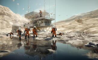 In a historic endeavor, a team of specialized astronauts works diligently on constructing a space station on the surface of Mars, pushing the boundaries of human exploration and photo