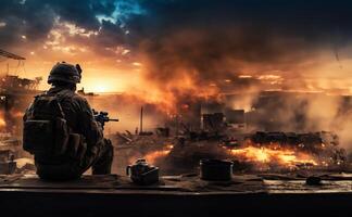 Techno-Warfare Professional Soldier Engaged with Combat Holograms on Computer.Generated image photo