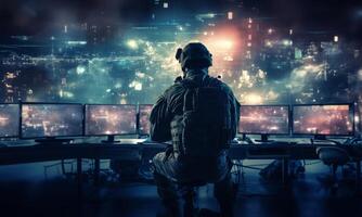 Techno-Warfare Professional Soldier Engaged with Combat Holograms on Computer.Generated image photo