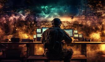 Techno-Warfare Professional Soldier Engaged with Combat Holograms on Computer.Generated image photo