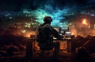 Techno-Warfare Professional Soldier Engaged with Combat Holograms on Computer.Generated image photo