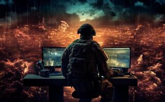Techno-Warfare Professional Soldier Engaged with Combat Holograms on Computer.Generated image photo