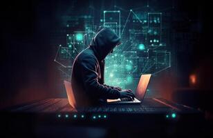 A holographic hacker works on a laptop in a futuristic world.Generated image photo