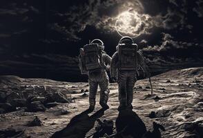Astronaut Duo Explores the Dark Side of the Moon.Generated image photo
