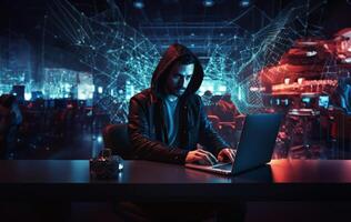 A holographic hacker works on a laptop in a futuristic world.Generated image photo