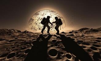 Astronaut Duo Explores the Dark Side of the Moon.Generated image photo