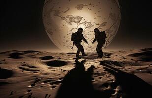 Astronaut Duo Explores the Dark Side of the Moon.Generated image photo