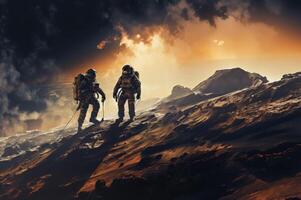 Astronaut Duo Explores the Dark Side of the Moon.Generated image photo