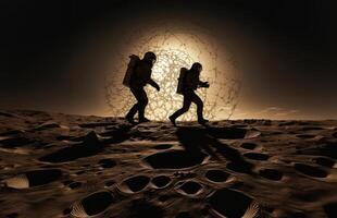 Astronaut Duo Explores the Dark Side of the Moon.Generated image photo
