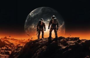 Astronaut Duo Explores the Dark Side of the Moon.Generated image photo