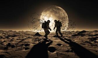 Astronaut Duo Explores the Dark Side of the Moon.Generated image photo