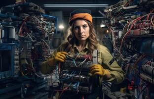 Woman Working in Electronics Service Surrounded by Modern Computers and Cables.Generated image photo