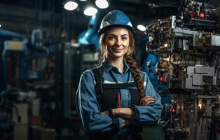 Woman Working in Electronics Service Surrounded by Modern Computers and Cables.Generated image photo