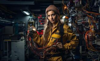 Woman Working in Electronics Service Surrounded by Modern Computers and Cables.Generated image photo