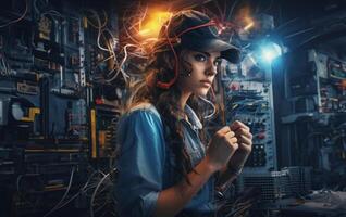 Woman Working in Electronics Service Surrounded by Modern Computers and Cables.Generated image photo
