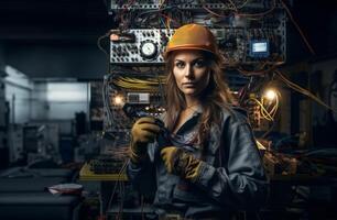 Woman Working in Electronics Service Surrounded by Modern Computers and Cables.Generated image photo