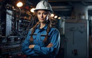 Woman Working in Electronics Service Surrounded by Modern Computers and Cables.Generated image photo
