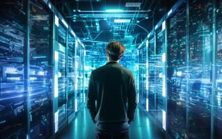 A technician walks through a blue server room, checking on the status of the servers.Generated image photo